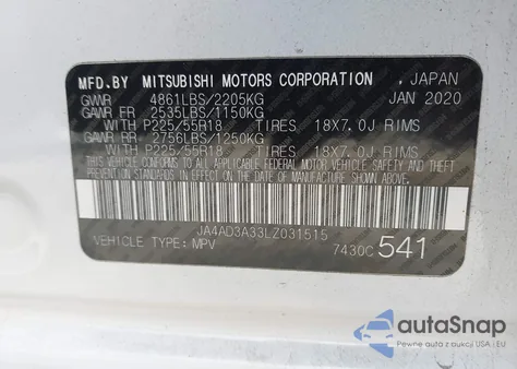 2020 Mitsubishi Outlander Le 2.4/Se 2.4/Sel 2.4/Sp 2.4 z USA, uszkodzony, nr VIN JA4AD3A33LZ031515